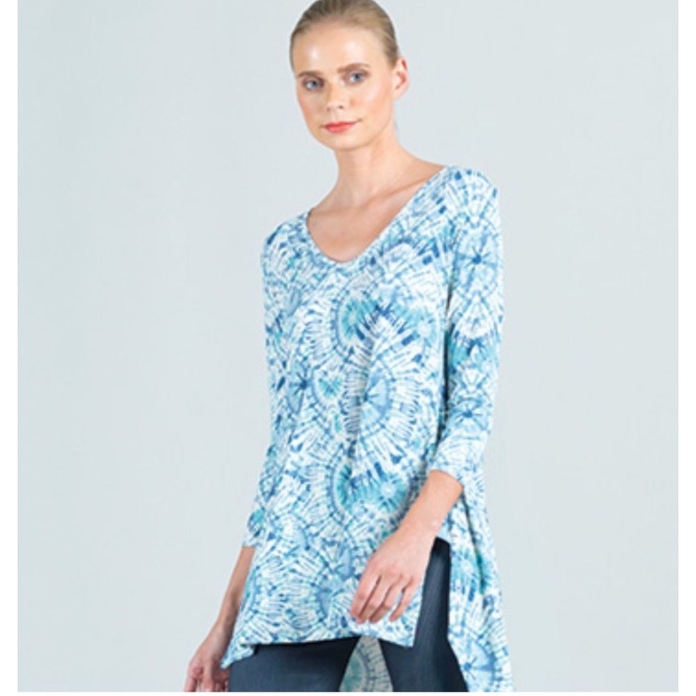 Clara Sunwoo Blue Tie Dye Sunburst V-Neck Tunic Top Womens Large L
